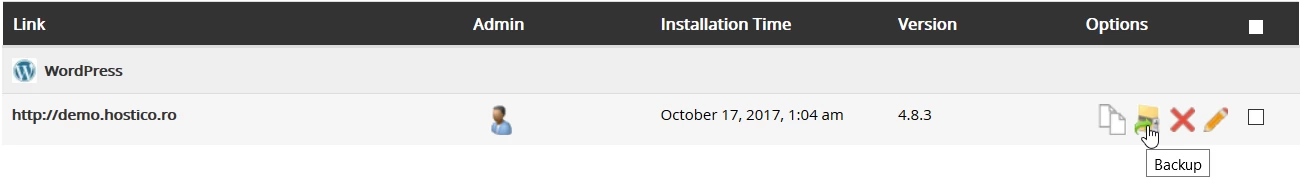 Softaculous programos atsarginių kopijų skyrius