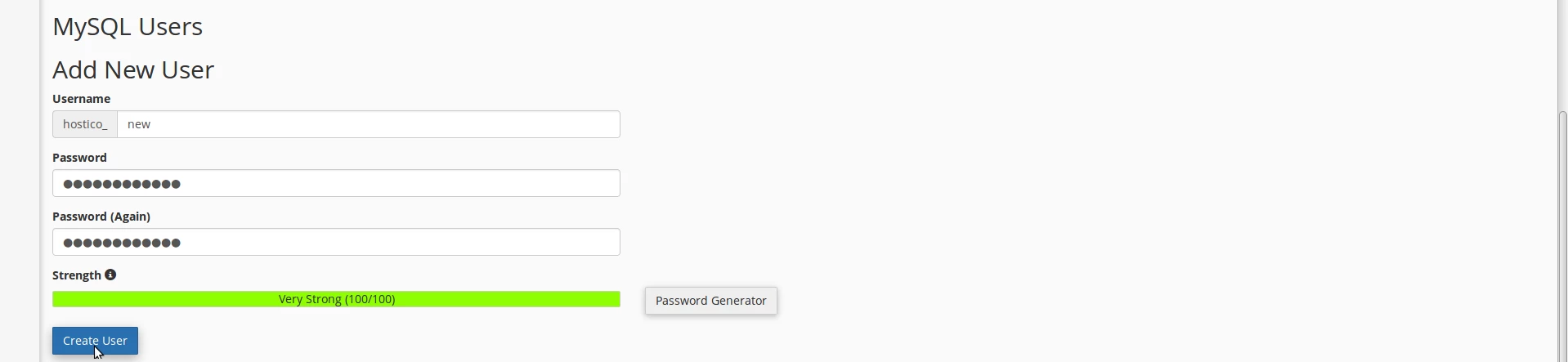 Creare utilizator MySQL cPanel
