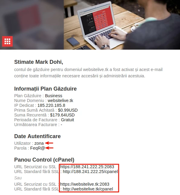 Datele de administrare ale găzduirii