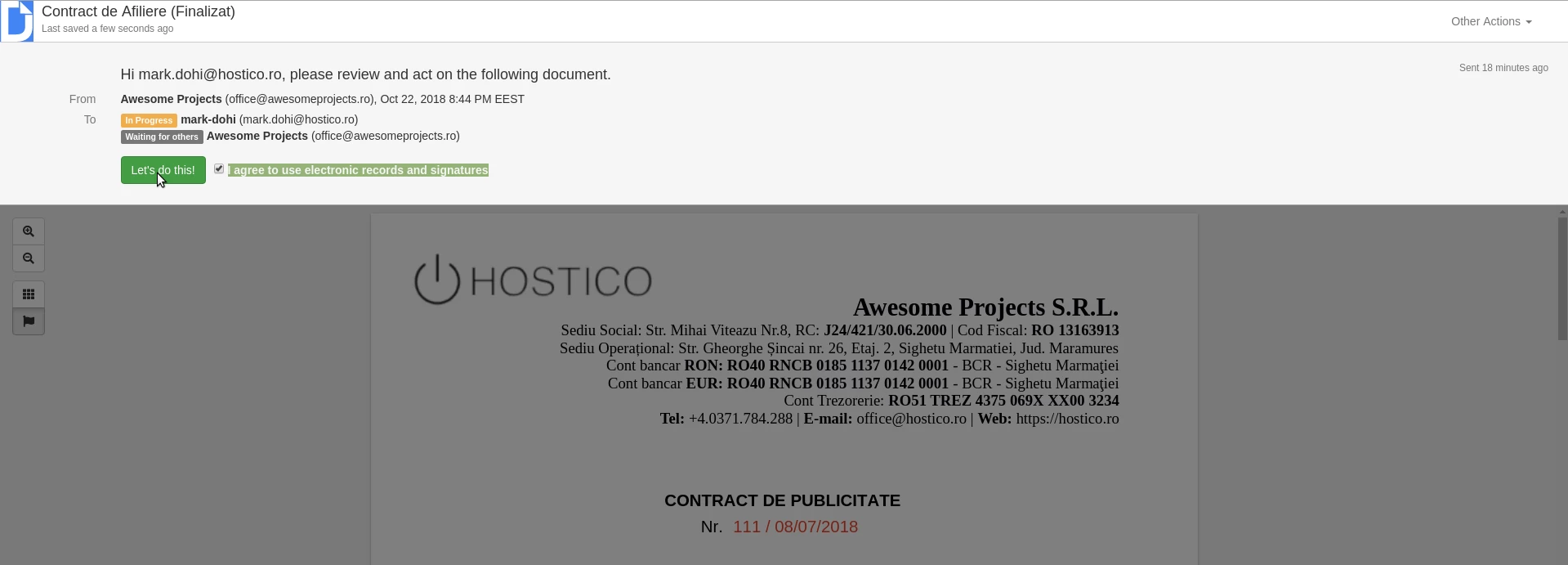 Acord de semnare contract Hostico