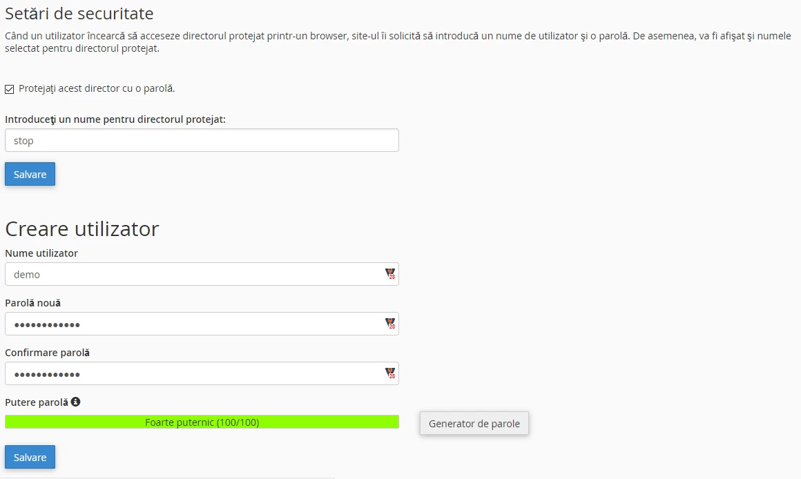 Setari de securitate pe un director
