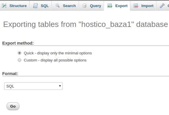 Exportarea bazei de date format .sql