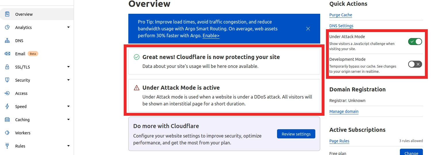 Notifikacija apie aktyvų Under Attack Mode